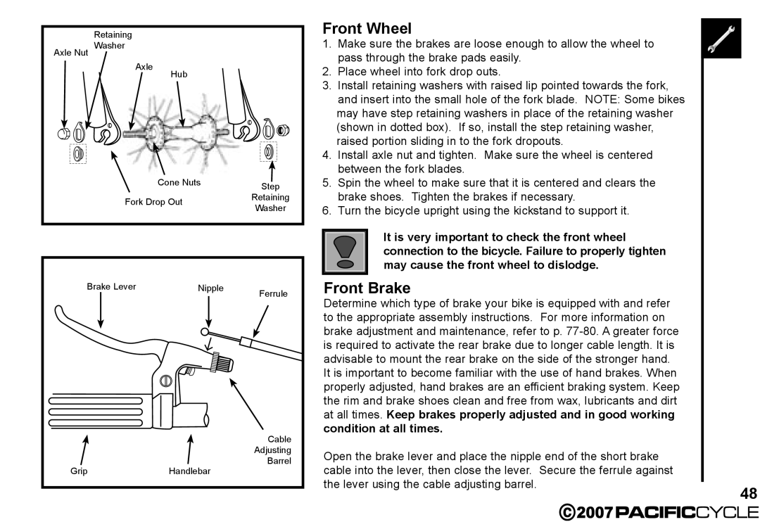 Pacific Cycle HF3305 manual Front Wheel 