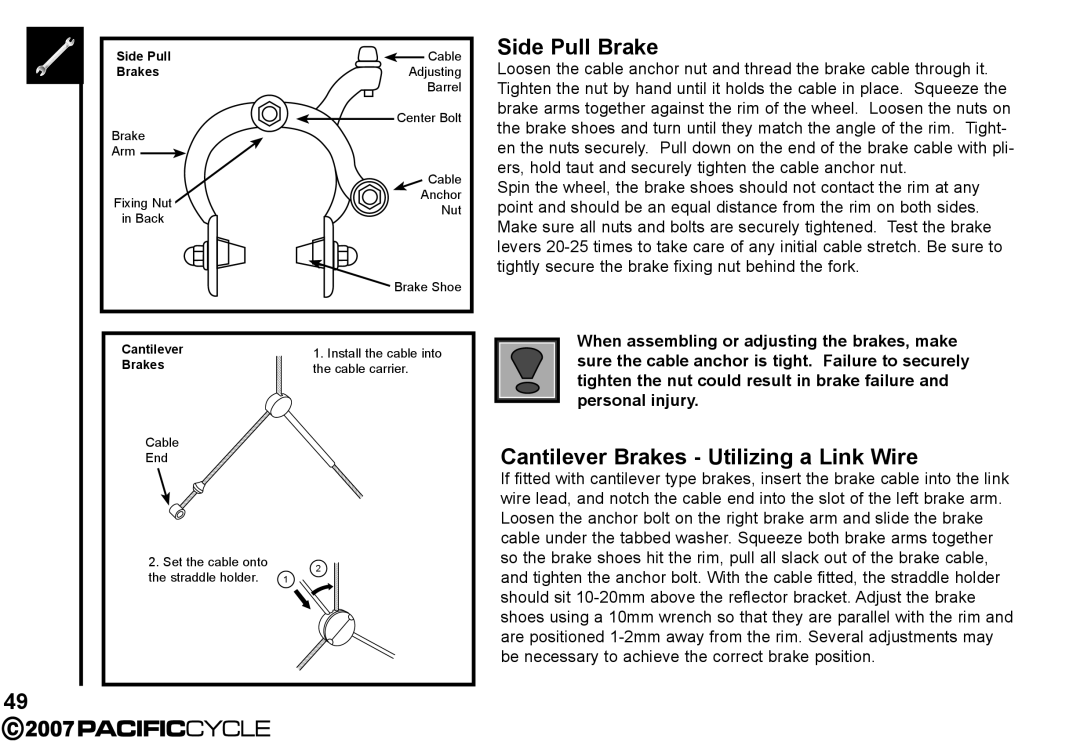 Pacific Cycle HF3305 manual Side Pull Brake, Cantilever Brakes Utilizing a Link Wire 