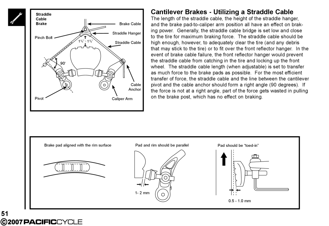 Pacific Cycle HF3305 manual Pinch Bolt Straddle Cable 90o Anchor Pivot Caliper Arm 