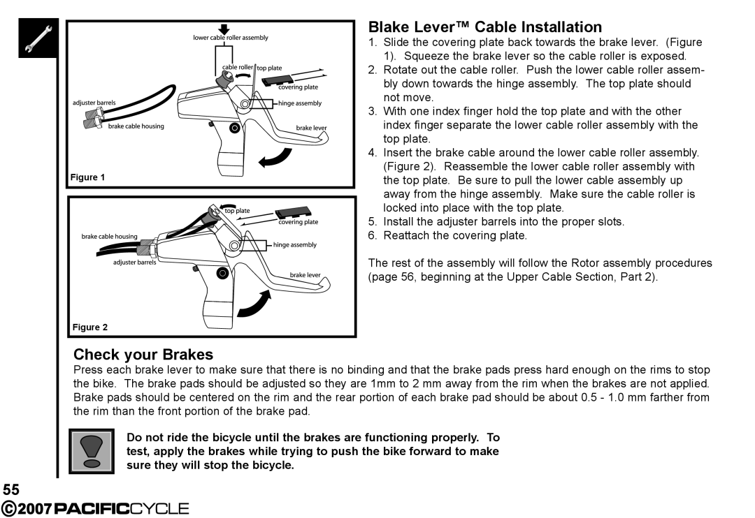 Pacific Cycle HF3305 manual Blake Lever Cable Installation, Check your Brakes 