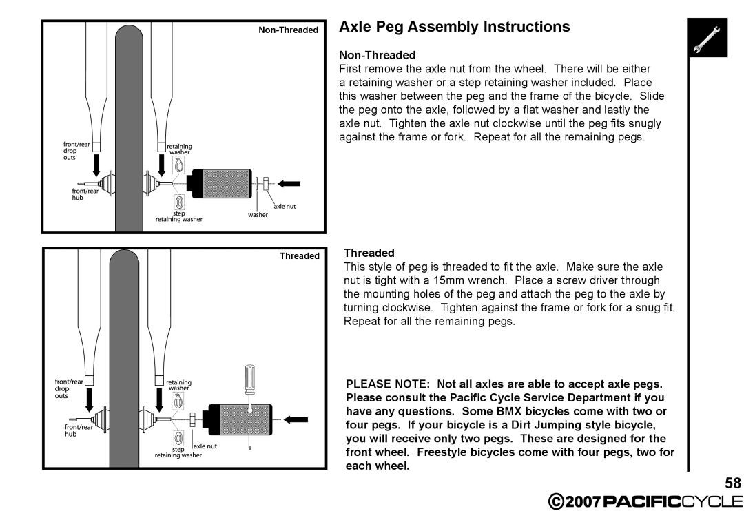 Pacific Cycle HF3305 manual Axle Peg Assembly Instructions, Non-Threaded 