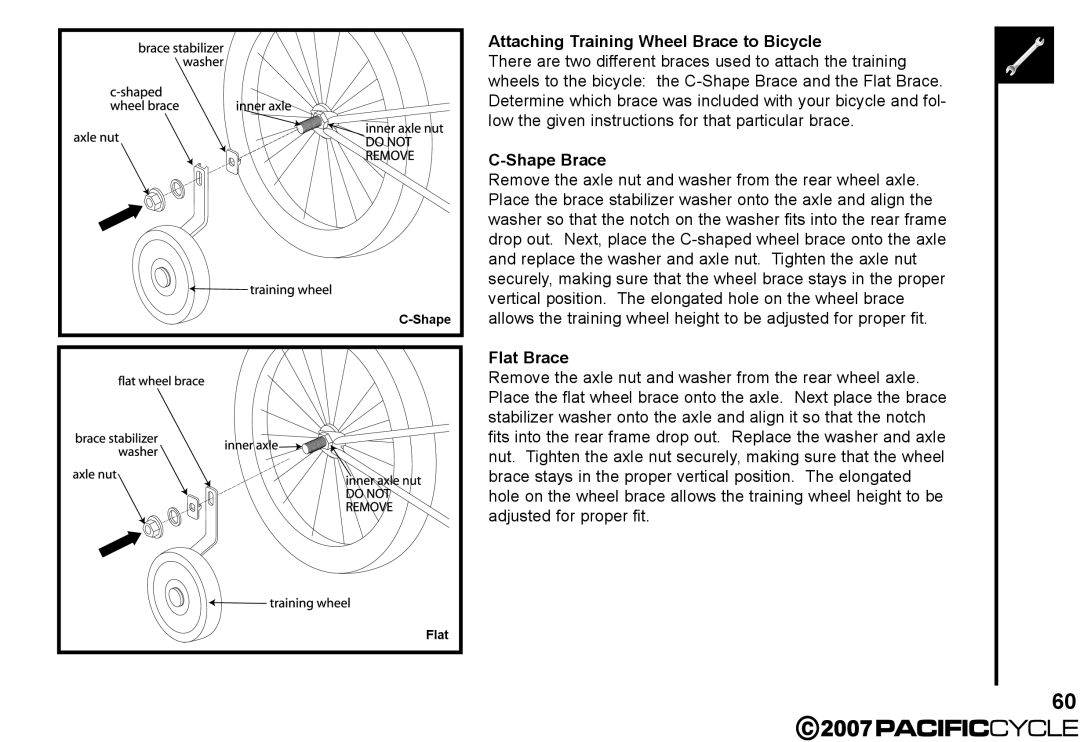 Pacific Cycle HF3305 manual Attaching Training Wheel Brace to Bicycle, Shape Brace, Flat Brace 