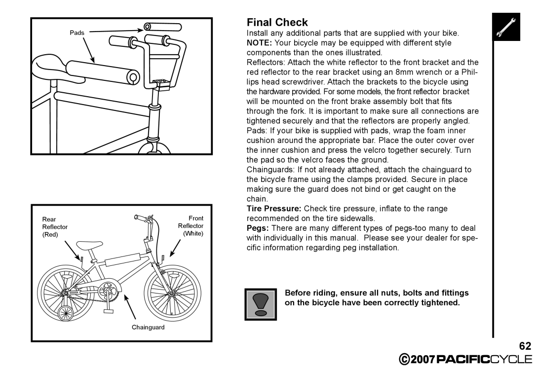 Pacific Cycle HF3305 manual Pads Rear Front Reflector Red White Chainguard 
