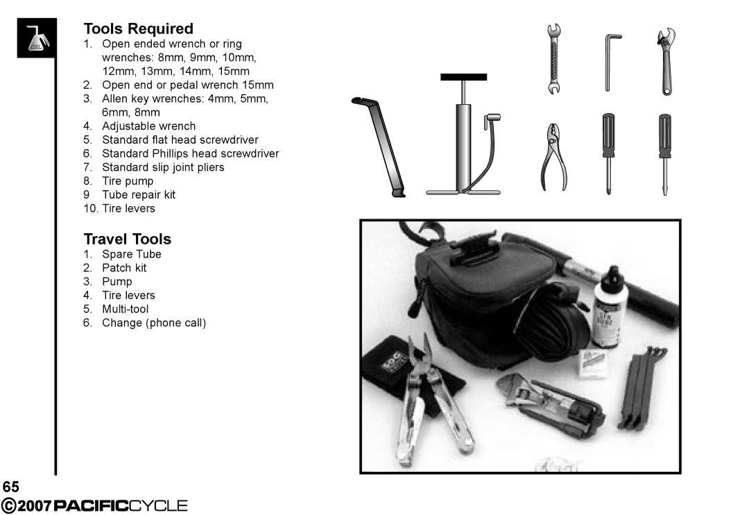 Pacific Cycle HF3305 manual Tools Required, Travel Tools 