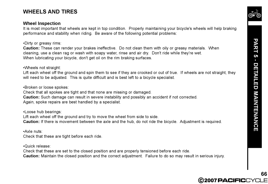 Pacific Cycle HF3305 manual Wheels and Tires, Wheel Inspection 