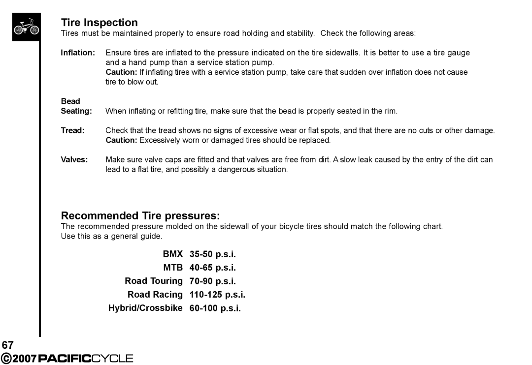 Pacific Cycle HF3305 manual Tire Inspection, Recommended Tire pressures, Bead 