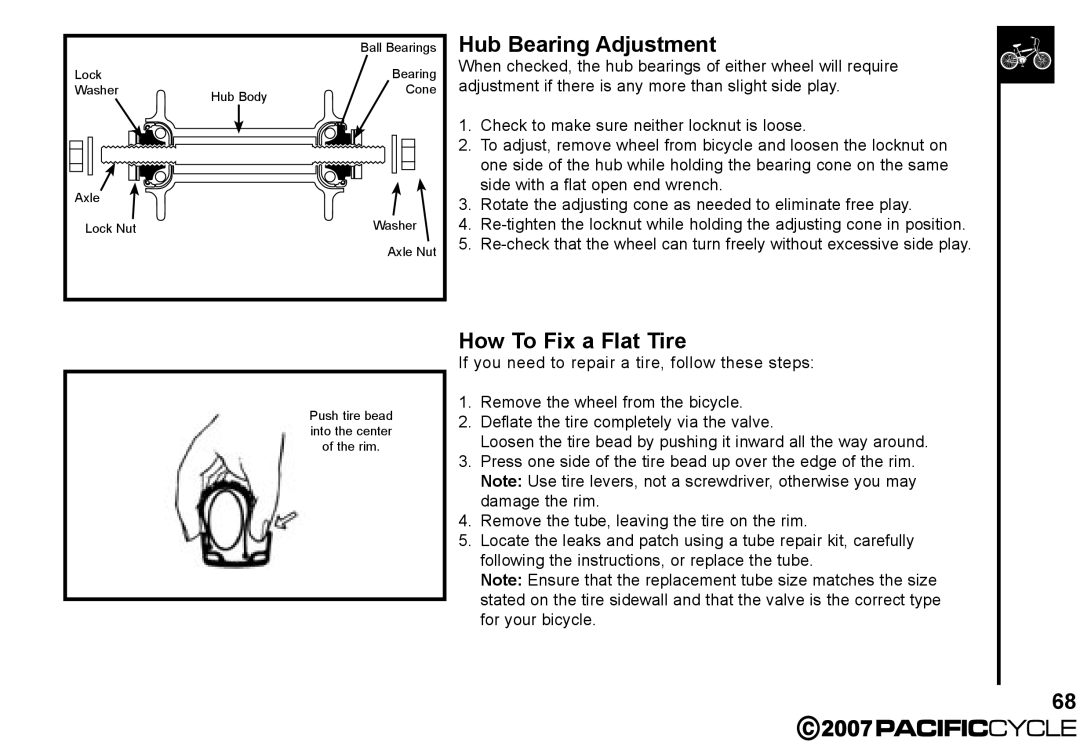 Pacific Cycle HF3305 manual Hub Bearing Adjustment, How To Fix a Flat Tire 