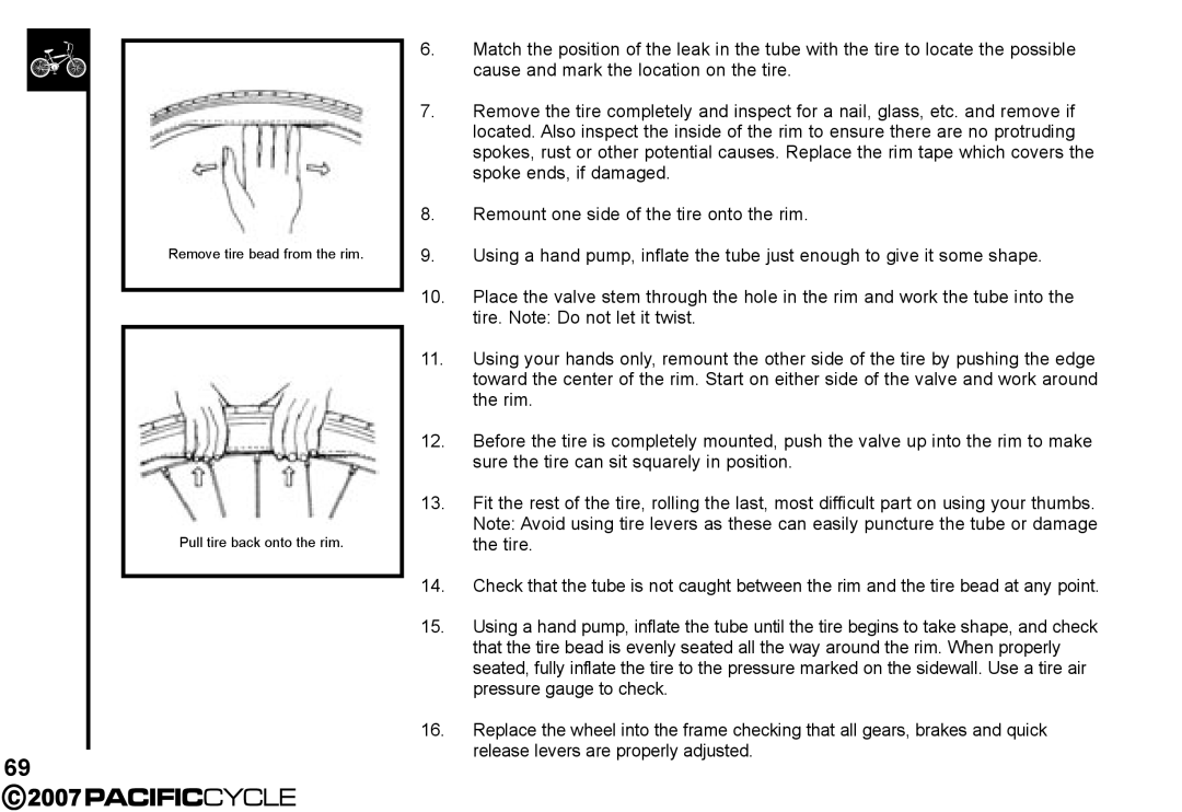 Pacific Cycle HF3305 manual Remove tire bead from the rim Pull tire back onto the rim 