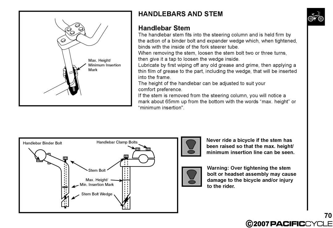 Pacific Cycle HF3305 manual Handlebars and Stem, Handlebar Stem 