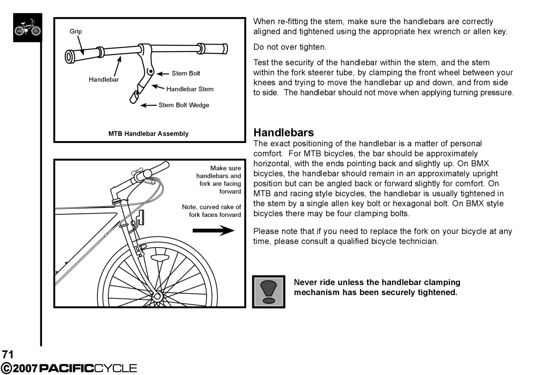 Pacific Cycle HF3305 manual Do not over tighten 