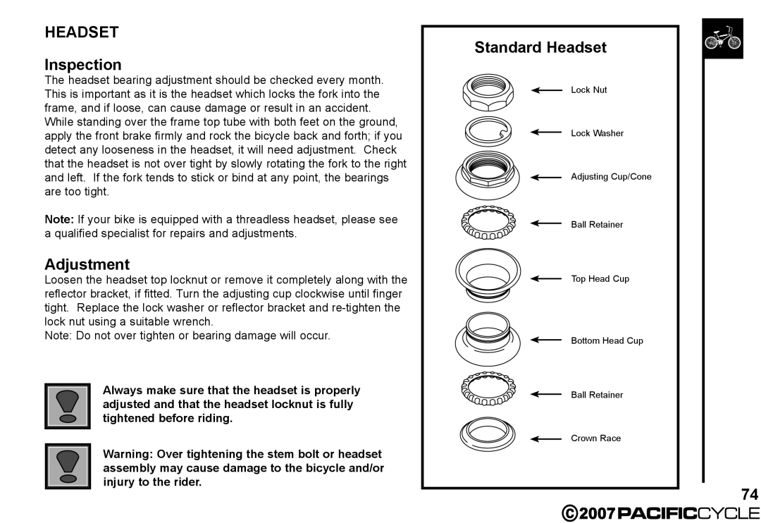 Pacific Cycle HF3305 manual Inspection, Adjustment, Standard Headset 