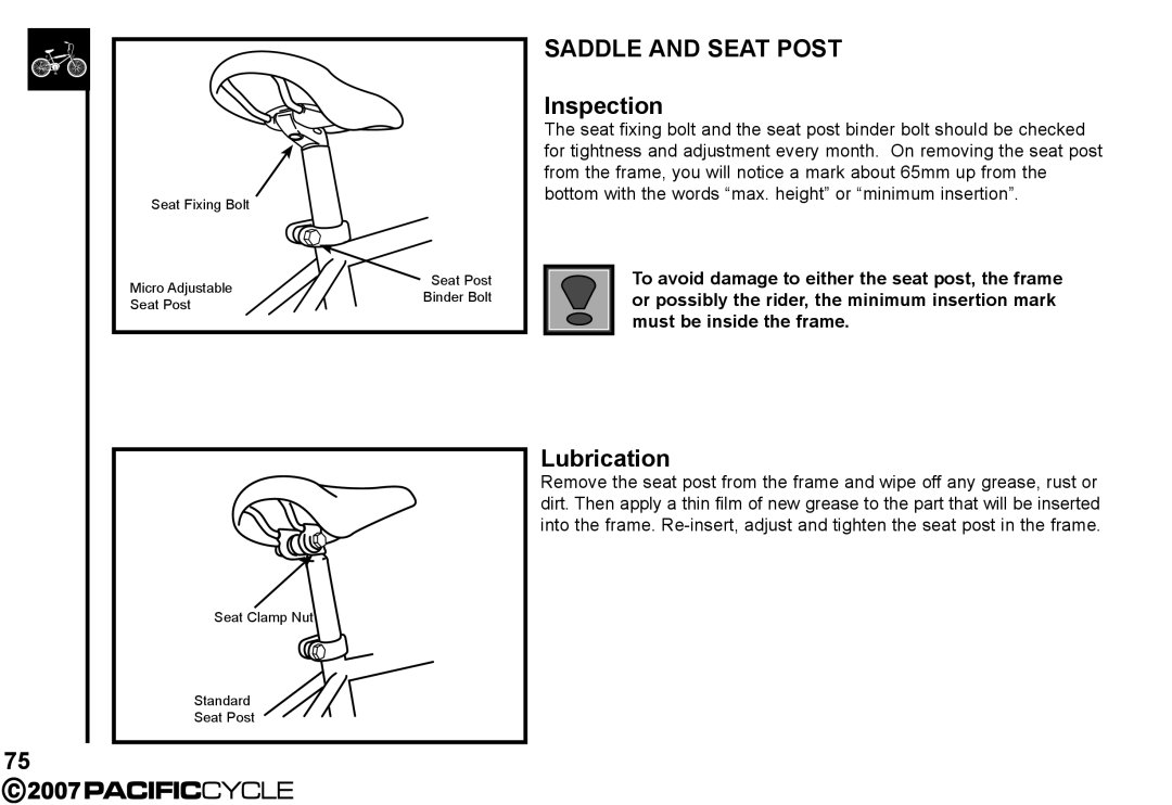 Pacific Cycle HF3305 manual Saddle and Seat Post, Lubrication 