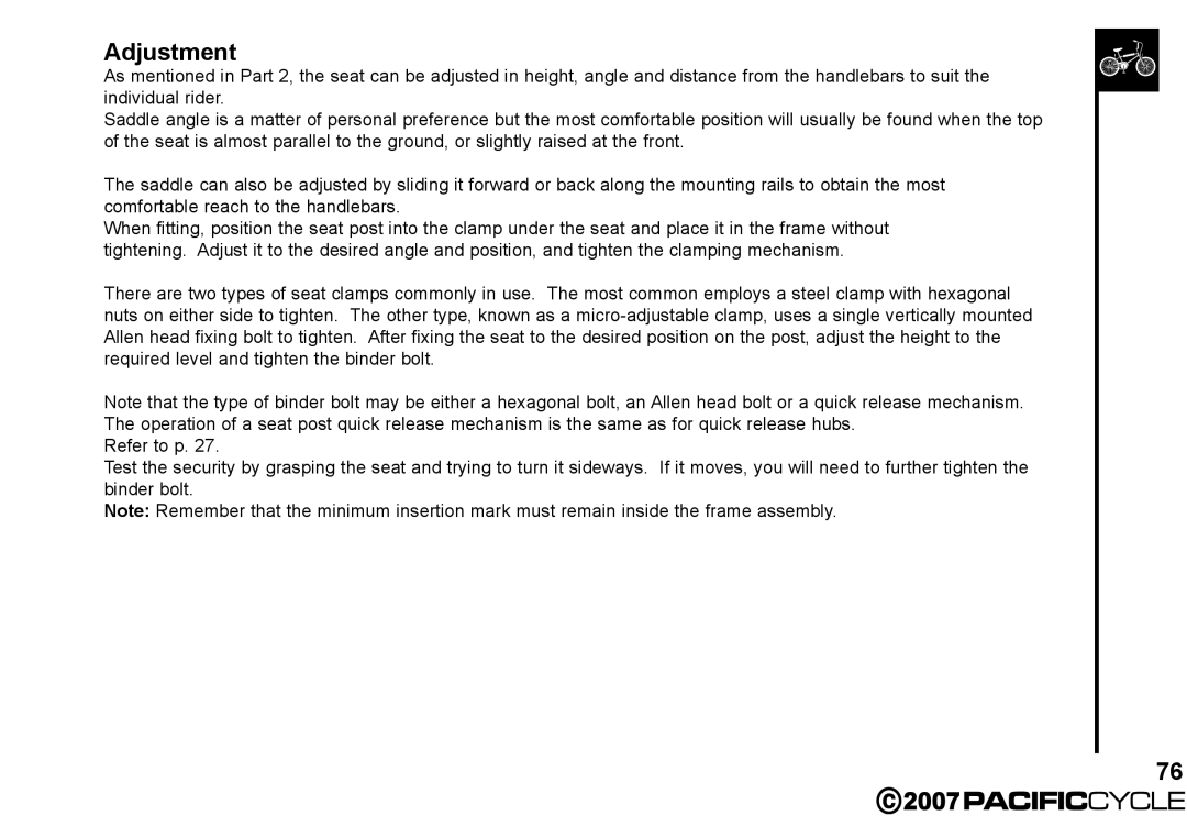 Pacific Cycle HF3305 manual Adjustment 