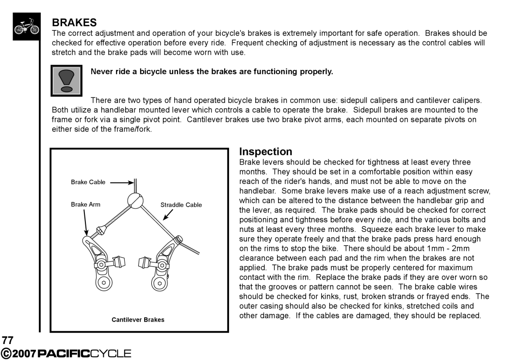 Pacific Cycle HF3305 manual Brakes 