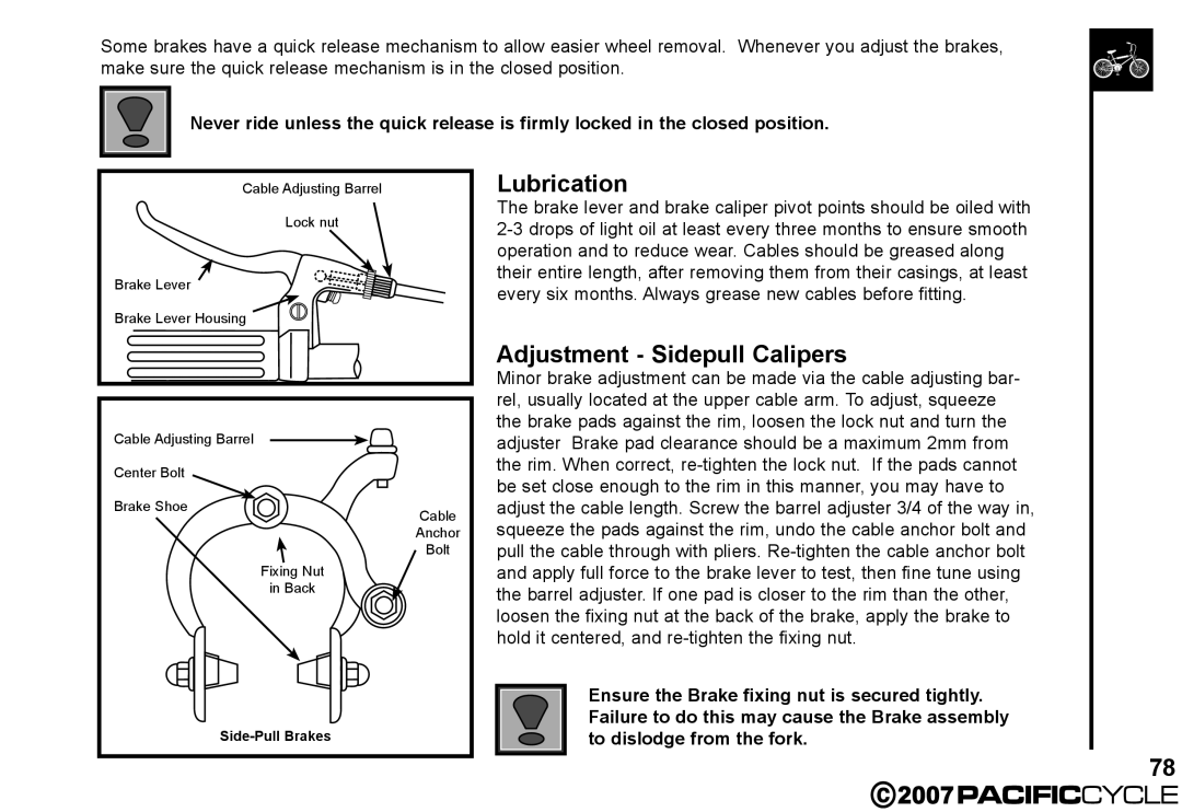 Pacific Cycle HF3305 manual Lubrication, Adjustment Sidepull Calipers 