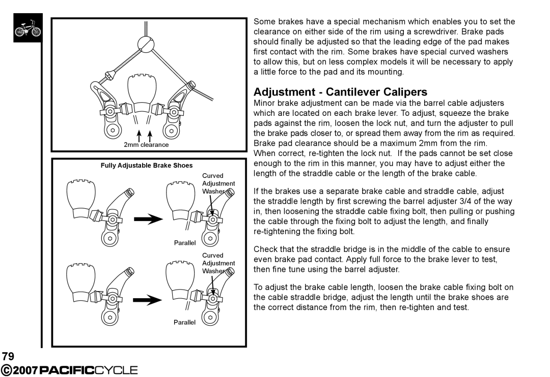 Pacific Cycle HF3305 manual Adjustment Cantilever Calipers 