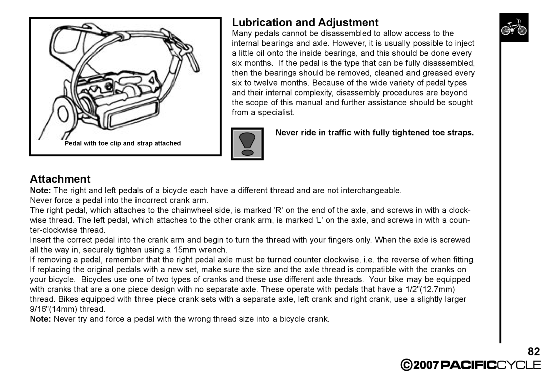 Pacific Cycle HF3305 manual Lubrication and Adjustment, Attachment, Never ride in traffic with fully tightened toe straps 