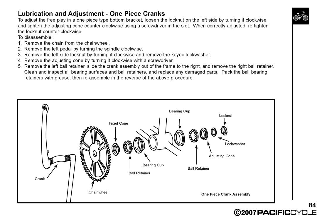 Pacific Cycle HF3305 manual Lubrication and Adjustment One Piece Cranks 