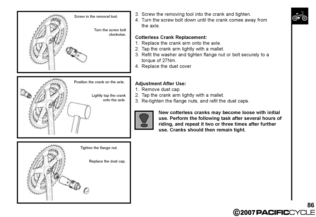 Pacific Cycle HF3305 manual Cotterless Crank Replacement, Adjustment After Use 