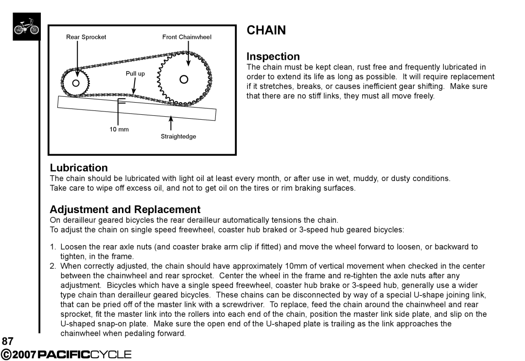 Pacific Cycle HF3305 manual Chain, Adjustment and Replacement 