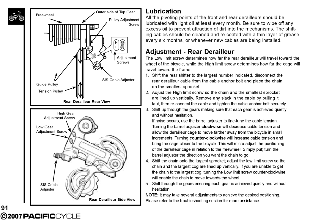 Pacific Cycle HF3305 manual Adjustment Rear Derailleur, Without hesitation 