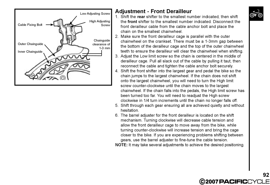 Pacific Cycle HF3305 manual Adjustment Front Derailleur 