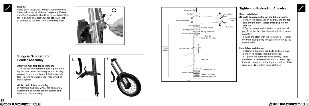 Pacific Cycle HR7633 manual Tightening/Preloading Aheadset, Stingray Scooter Front Fender Assembly 