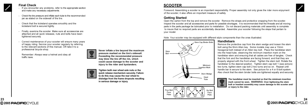 Pacific Cycle HR7633 manual Scooter, Final Check, Getting Started, Handlebars 