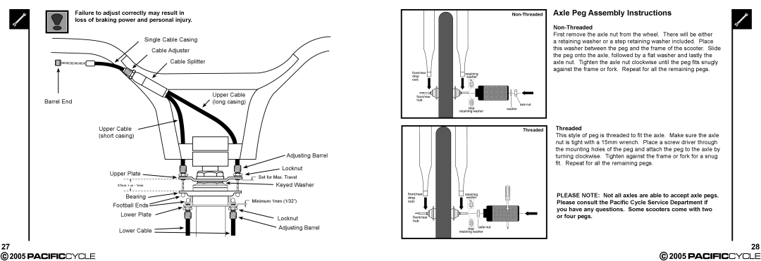 Pacific Cycle HR7633 manual Axle Peg Assembly Instructions, Non-Threaded 