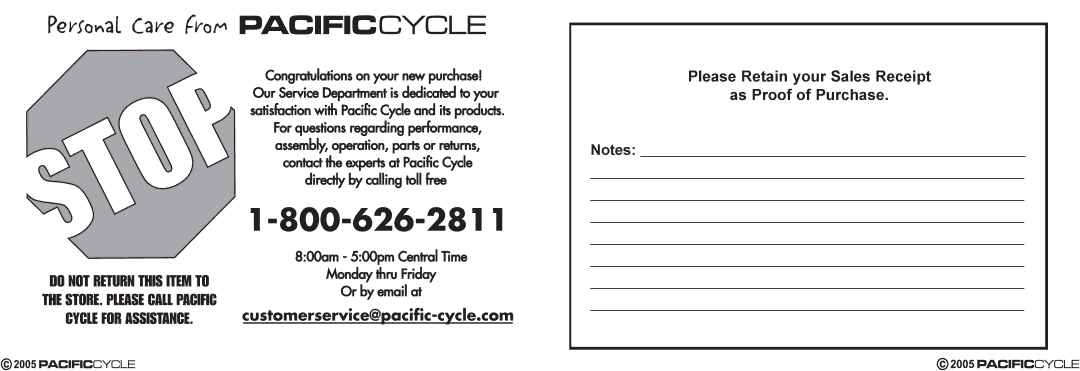 Pacific Cycle HR7633 manual Please Retain your Sales Receipt As Proof of Purchase 