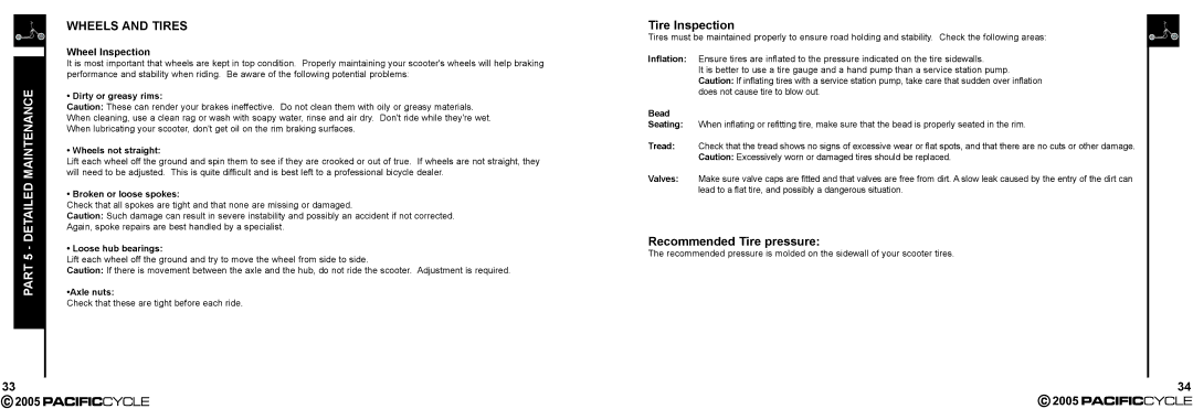 Pacific Cycle HR7633 manual Wheels and Tires, Part, Tire Inspection, Recommended Tire pressure 