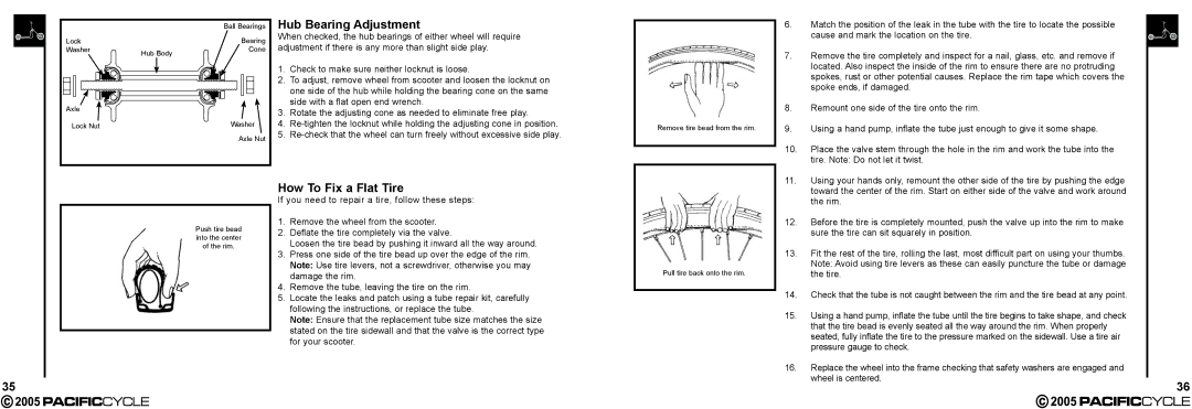 Pacific Cycle HR7633 manual Hub Bearing Adjustment, How To Fix a Flat Tire 