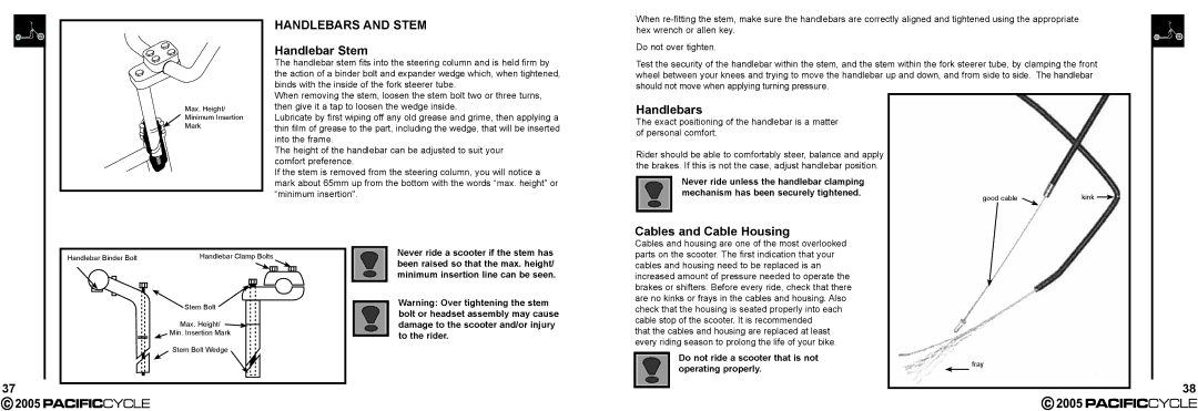Pacific Cycle HR7633 Handlebars and Stem, Cables and Cable Housing, Do not ride a scooter that is not operating properly 