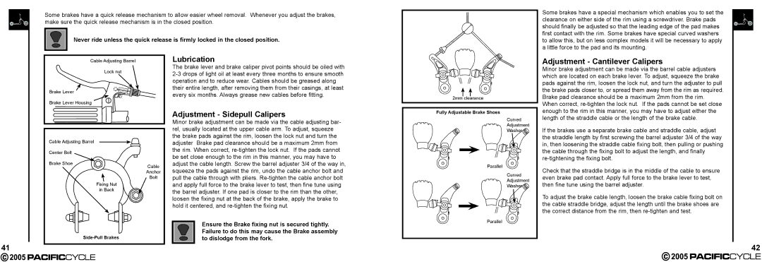 Pacific Cycle HR7633 manual Lubrication, Adjustment Sidepull Calipers, Adjustment Cantilever Calipers 