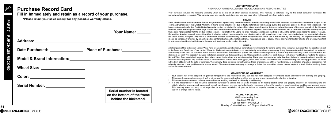 Pacific Cycle HR7633 manual Purchase Record Card, Part 7 Purchase Record 