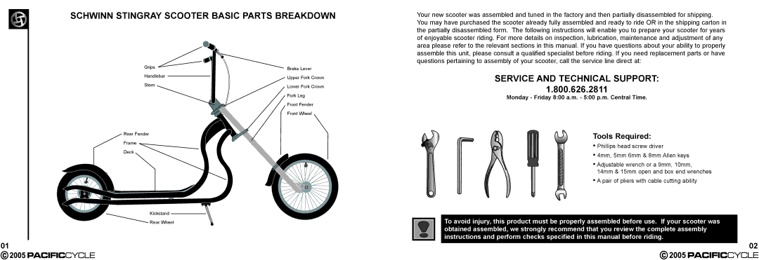 Pacific Cycle HR7633 manual Schwinn Stingray Scooter Basic Parts Breakdown, Service and Technical Support, Tools Required 