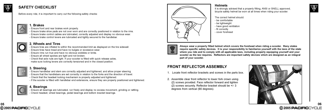 Pacific Cycle HR7633 manual Safety Checklist, Front Reflector Assembly 