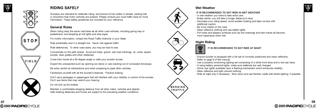 Pacific Cycle HR7633 manual Riding Safely, General Rules, Wet Weather, Night Riding 