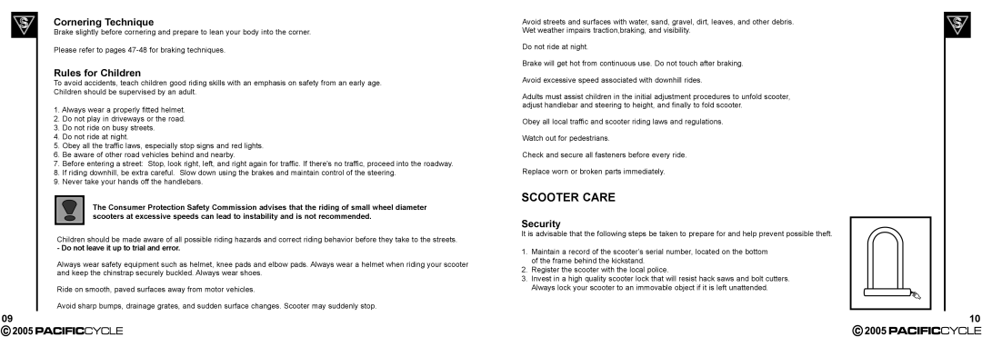 Pacific Cycle HR7633 manual Scooter Care, Cornering Technique, Rules for Children, Security 