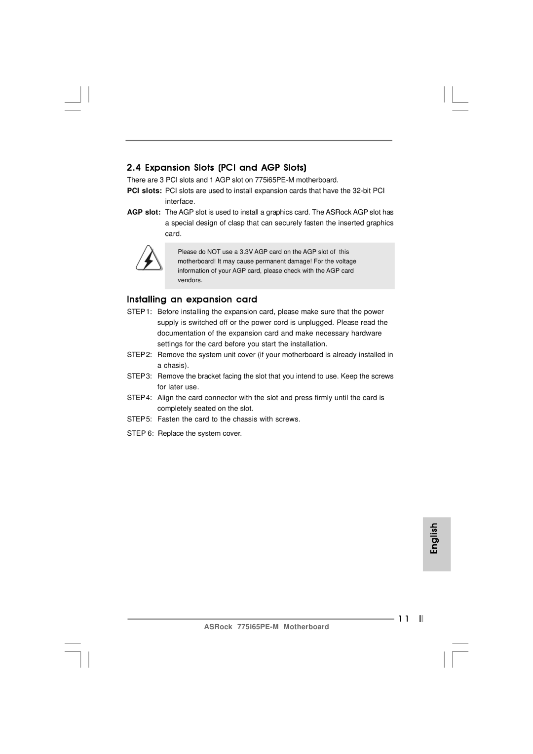 Pacific Digital 775I65PE-M specifications Expansion Slots PCI and AGP Slots, Installing an expansion card 