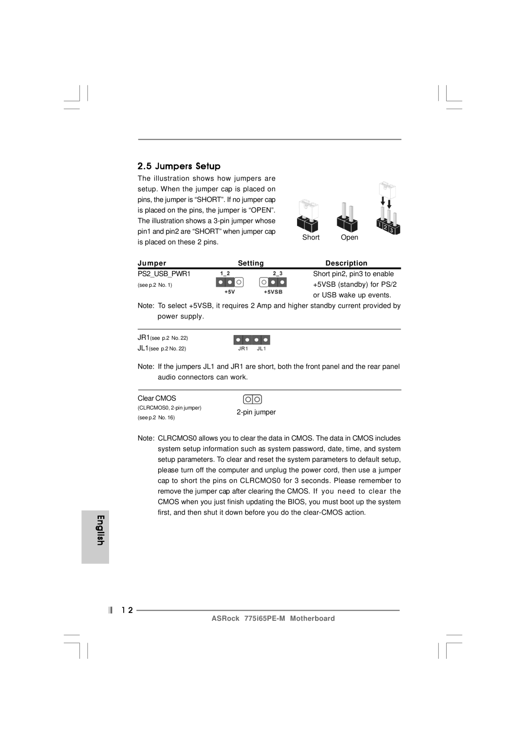 Pacific Digital 775I65PE-M specifications Jumpers Setup, JumperSetting, Description 