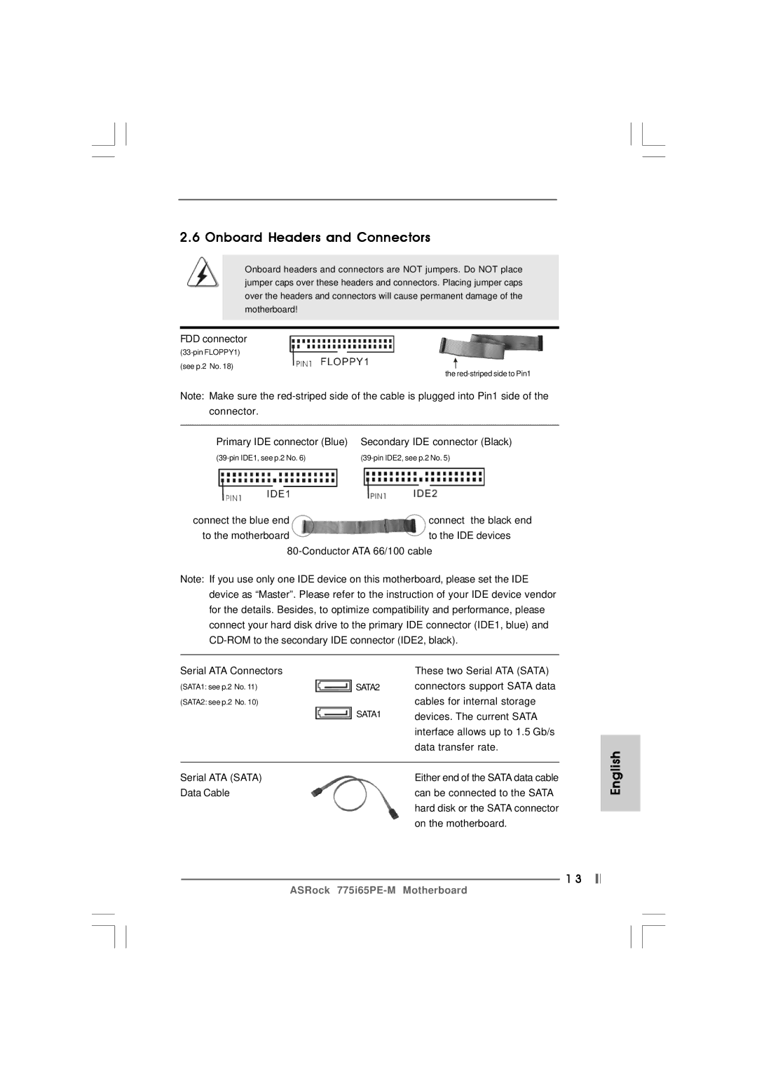 Pacific Digital 775I65PE-M specifications Onboard Headers and Connectors 