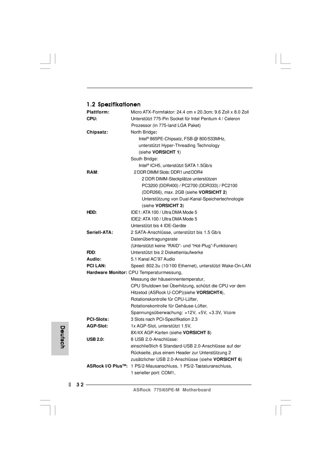 Pacific Digital 775I65PE-M specifications Deutsch Spezifikationen 