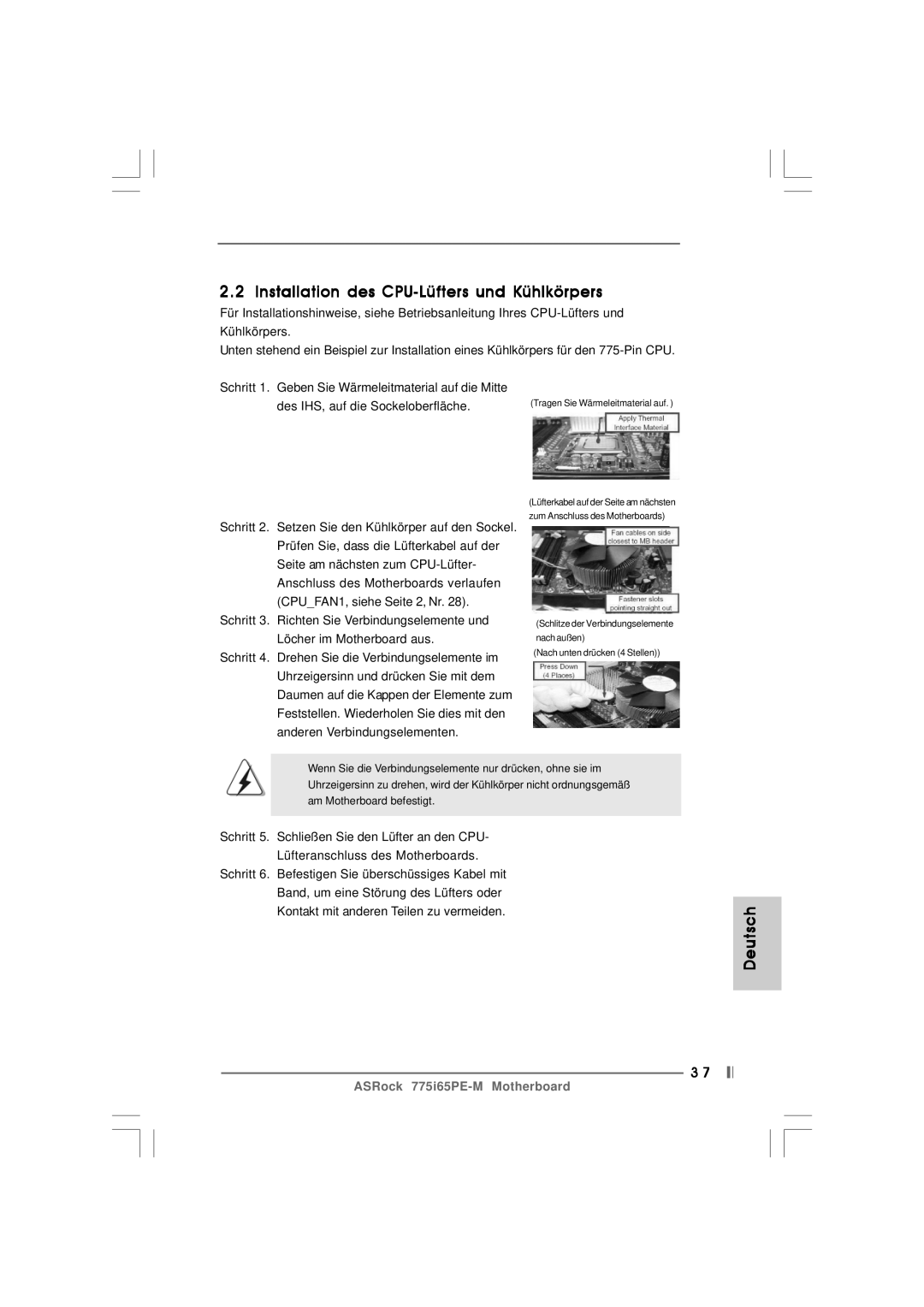 Pacific Digital 775I65PE-M specifications Installation des CPU-Lüfters und Kühlkörpers 