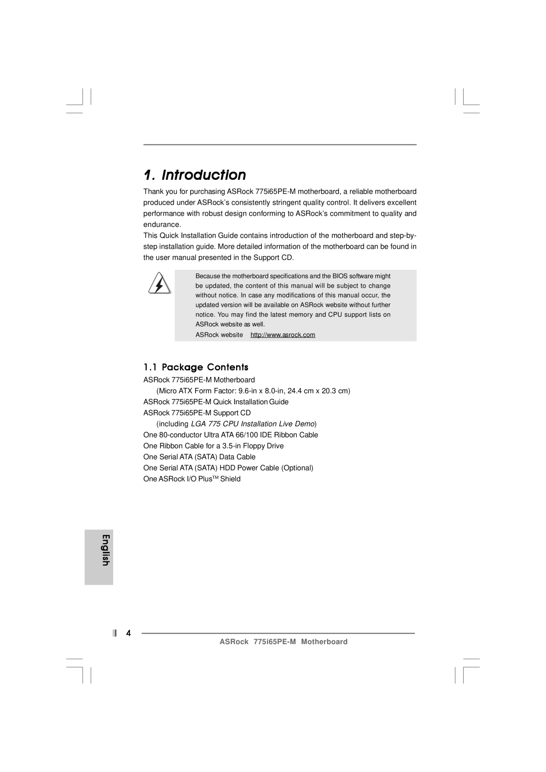 Pacific Digital 775I65PE-M specifications Introduction, Package Contents 