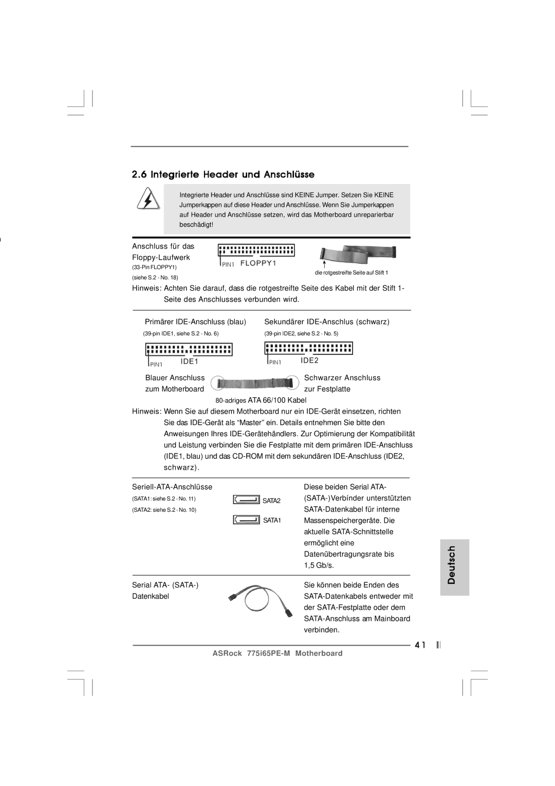 Pacific Digital 775I65PE-M specifications Integrierte Header und Anschlüsse 