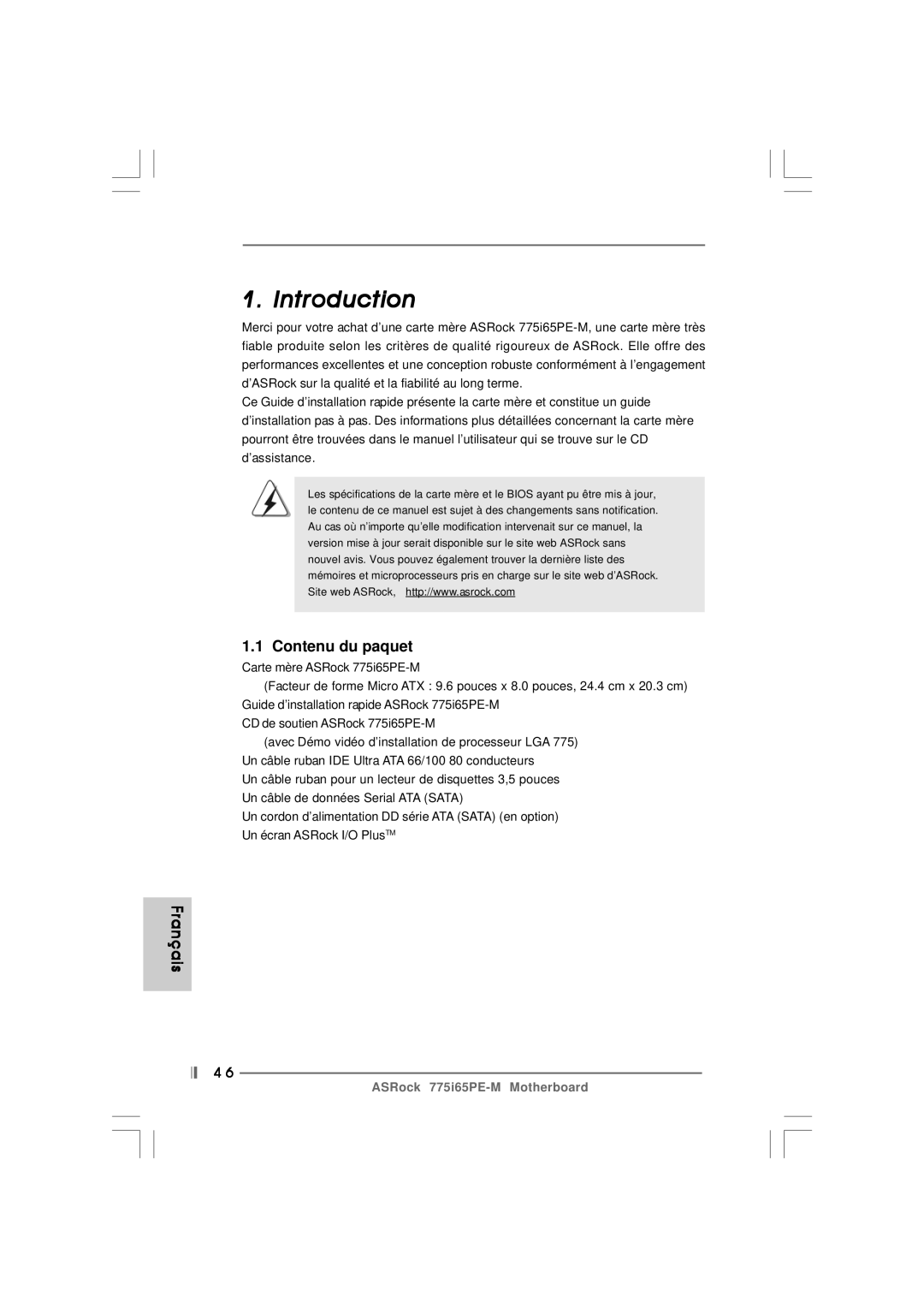 Pacific Digital 775I65PE-M specifications Contenu du paquet, Français 