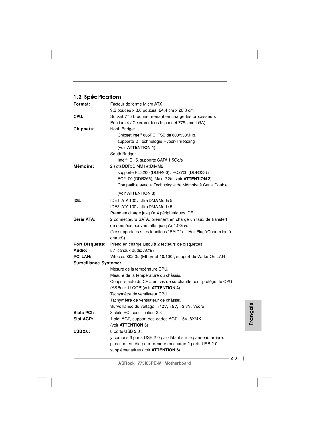 Pacific Digital 775I65PE-M specifications Spécifications 