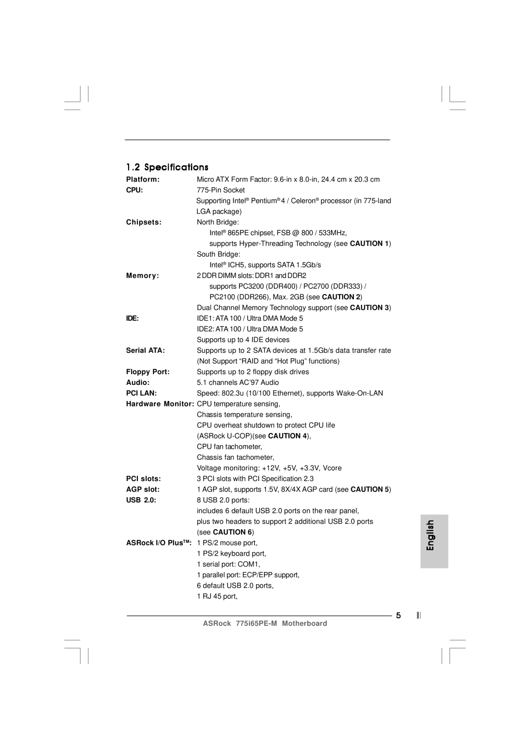 Pacific Digital 775I65PE-M specifications Specifications 