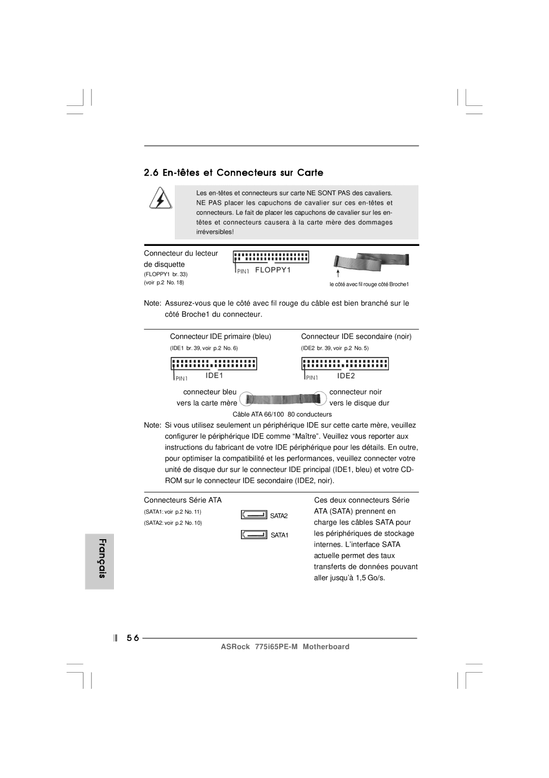 Pacific Digital 775I65PE-M specifications En-têtes et Connecteurs sur Carte 